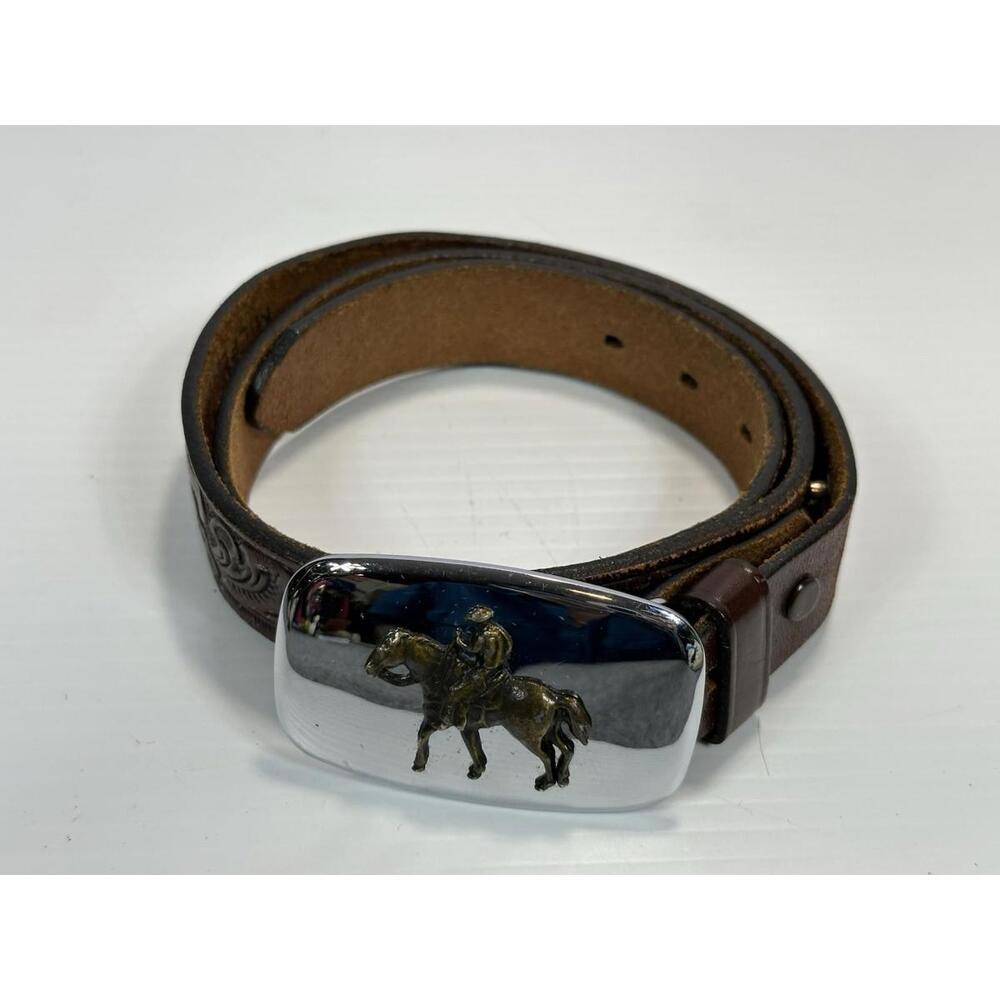 Justin Vintage Brown Embossed Leather Belt‎ Cowboy Horse Buckle 189C USA Made 30